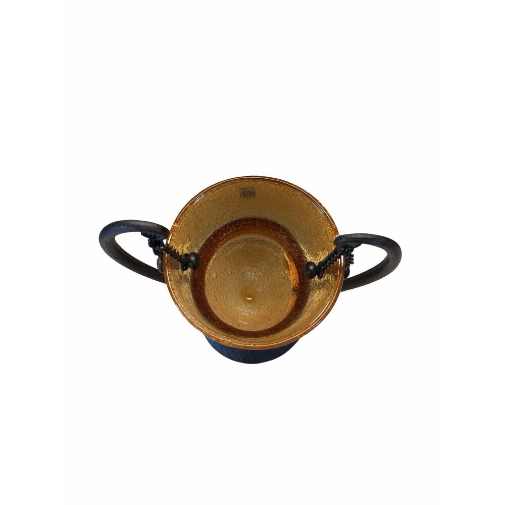 Vintage Amici Hand Blown Amber Bubble Glass Cone Vase Hanging Wrought Iron Stand - Picture 5 of 12